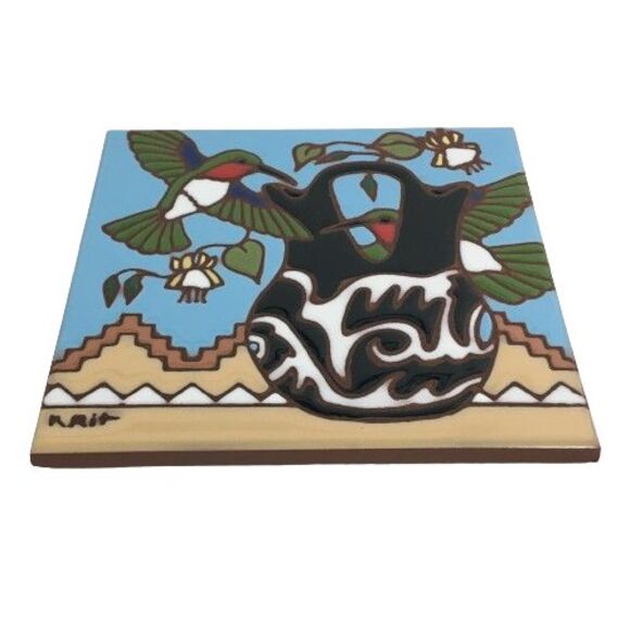Tile Trivet Earthtones Hummingbird Southwest Hand Painted Ceramic Wall Decor - Picture 2 of 8